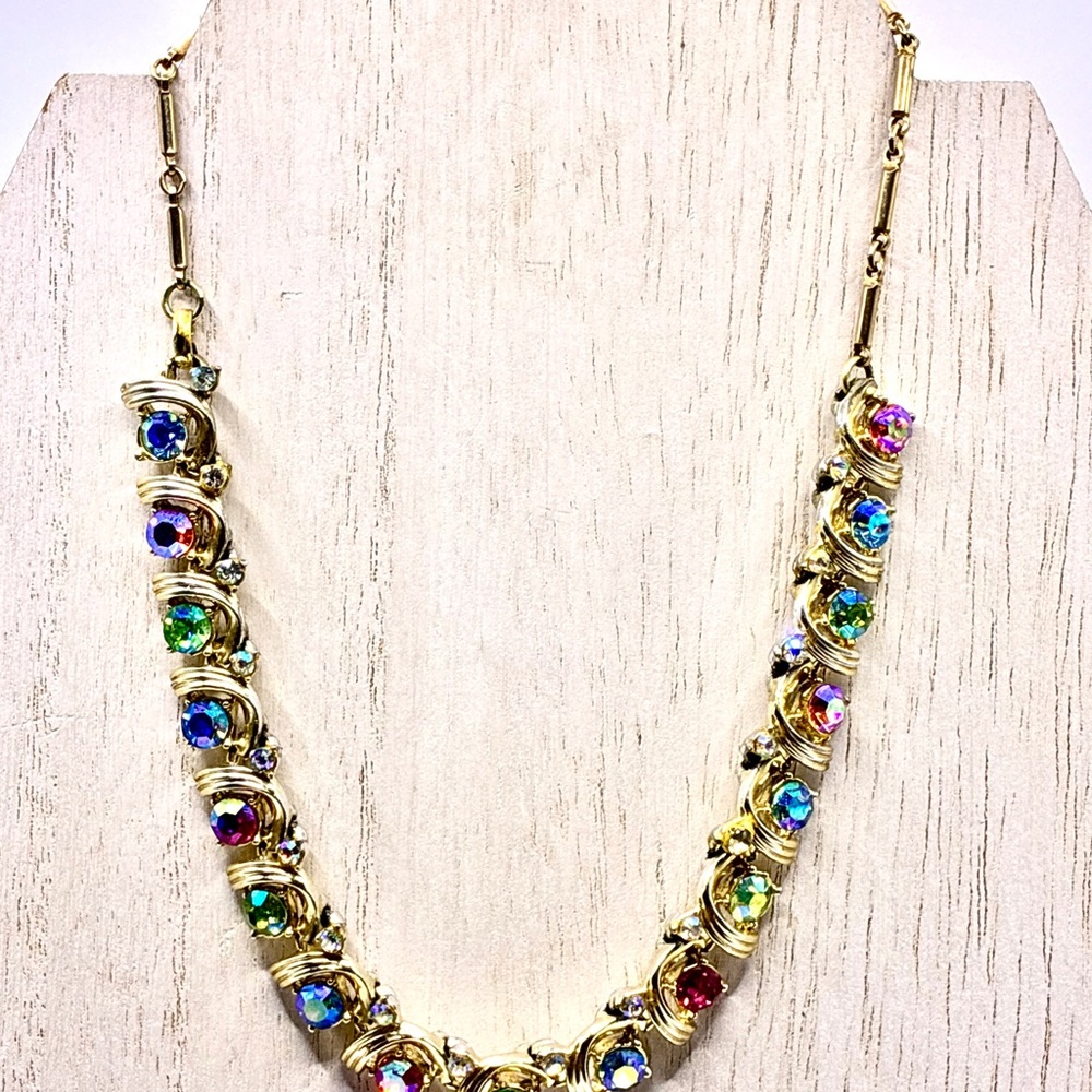 Vintage Multi-Colored Aurora Borealis Rhinestones Necklace 16” Inches
